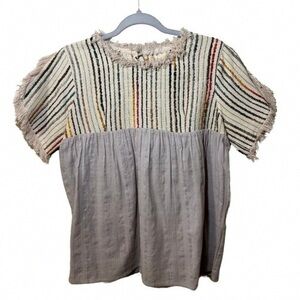 Altar'd State Cream and Gray Fringe Boho Top with Mustard Accents
